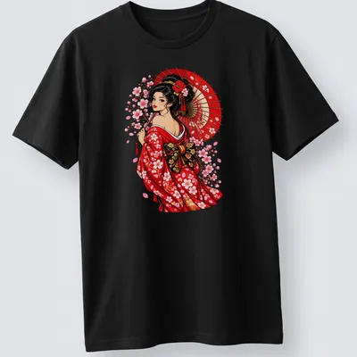 Illustration of a Kimono girl with a parasol and cherry blossoms in vibrant colors.