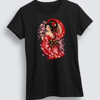Illustration of a Kimono girl with a parasol and cherry blossoms in vibrant colors. — printed on a women's shirt
