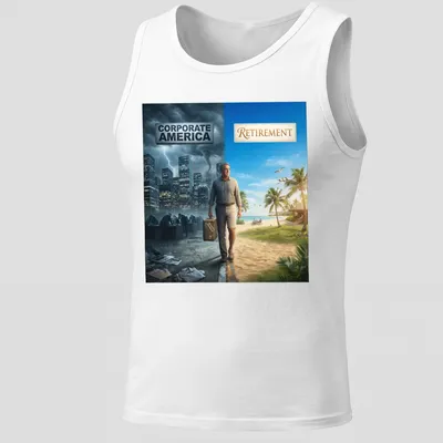 Realistic illustration of a man transitioning from corporate life to retirement with humorous text. — printed on a tank top