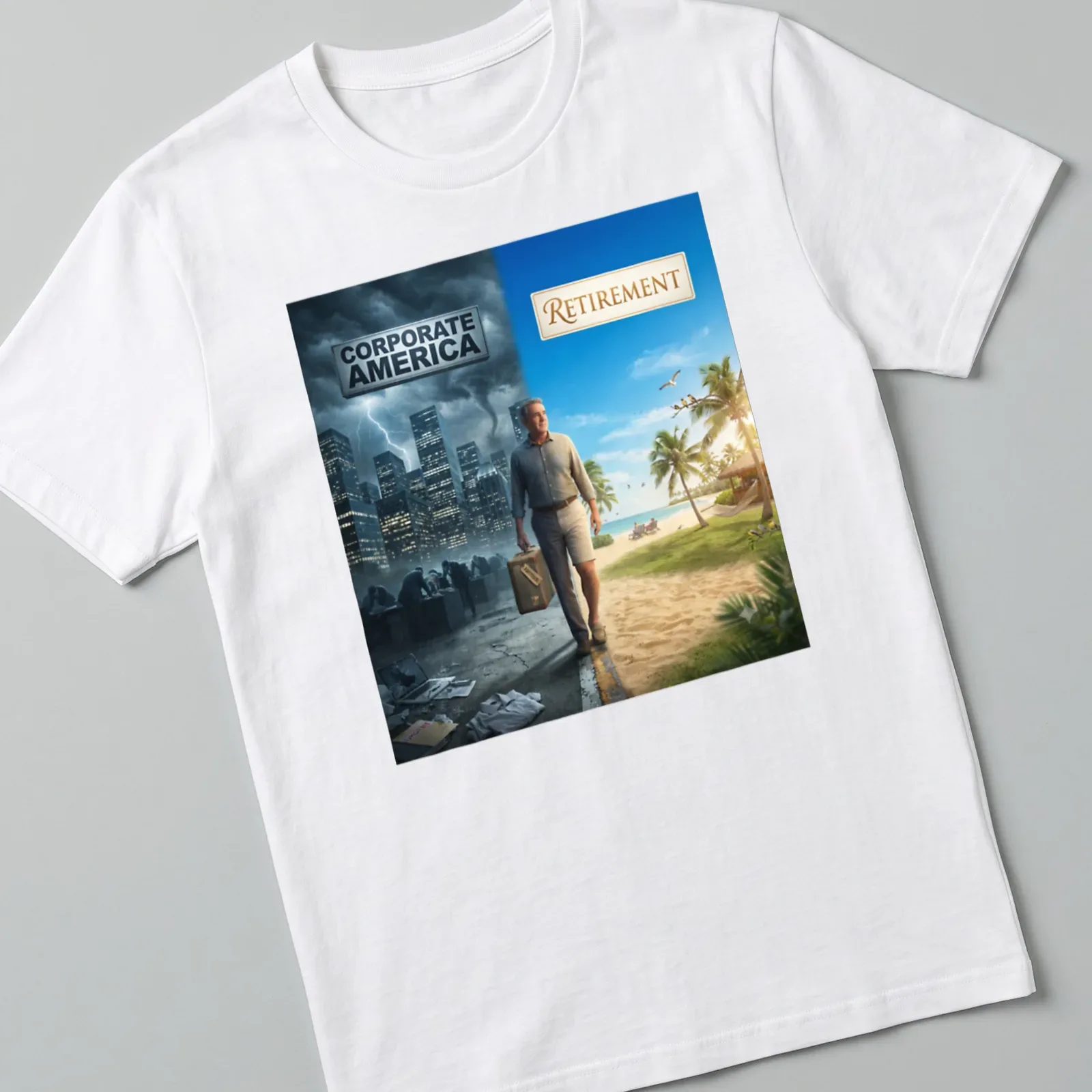 Realistic illustration of a man transitioning from corporate life to retirement with humorous text. — printed on a unisex t-shirt