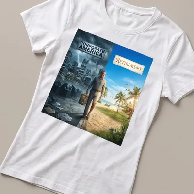 Realistic illustration of a man transitioning from corporate life to retirement with humorous text. — printed on a women's shirt
