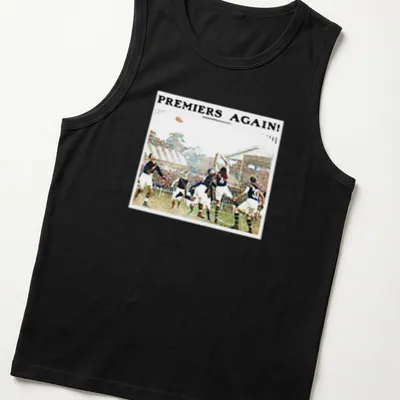 Vintage design featuring Richmond AFL players with the text 'PREMIERS AGAIN!' — printed on a tank top