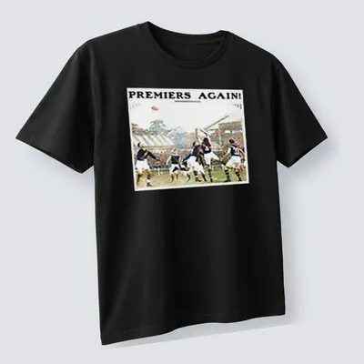 Vintage design featuring Richmond AFL players with the text 'PREMIERS AGAIN!' — printed on a unisex t-shirt (angled view)