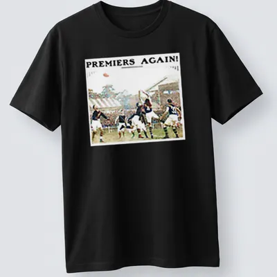 Vintage design featuring Richmond AFL players with the text 'PREMIERS AGAIN!'