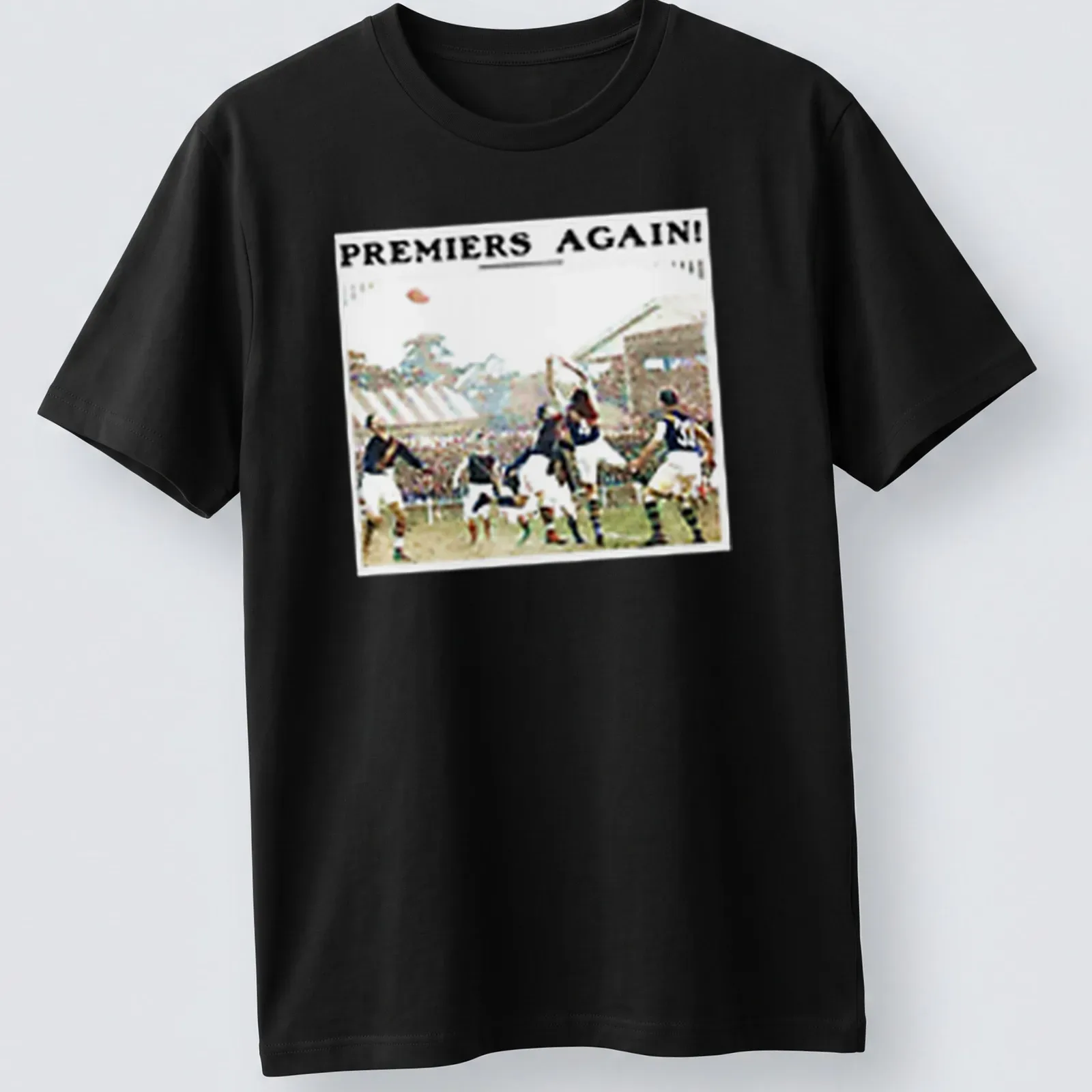 Vintage design featuring Richmond AFL players with the text 'PREMIERS AGAIN!' — printed on a unisex t-shirt