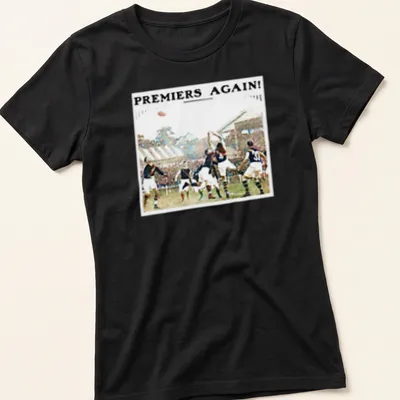 Vintage design featuring Richmond AFL players with the text 'PREMIERS AGAIN!' — printed on a women's shirt