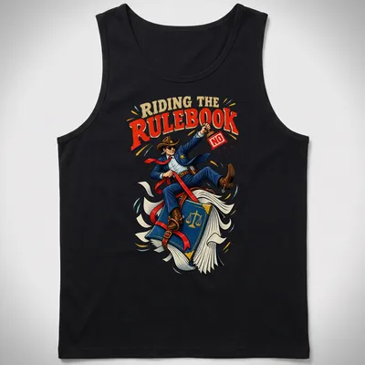 Vintage comic style shirt with a cowboy lawyer and humorous text — printed on a tank top