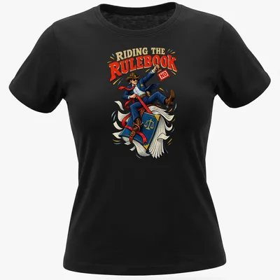 Vintage comic style shirt with a cowboy lawyer and humorous text — printed on a women's shirt