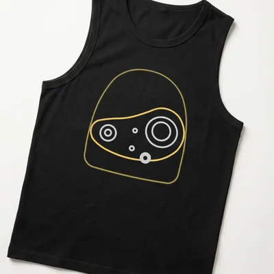 Minimalist line-art design of a robot head outlined in white and gold. — printed on a tank top