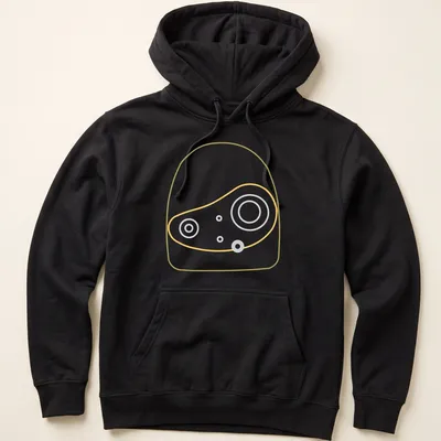 Minimalist line-art design of a robot head outlined in white and gold. — printed on a unisex hoodie