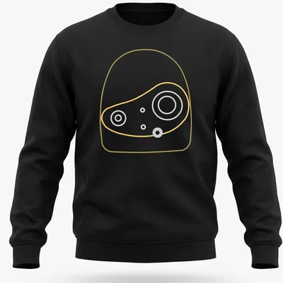 Minimalist line-art design of a robot head outlined in white and gold. — printed on a unisex sweatshirt