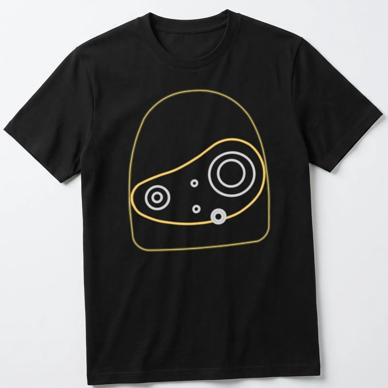 Minimalist line-art design of a robot head outlined in white and gold. — printed on a unisex t-shirt