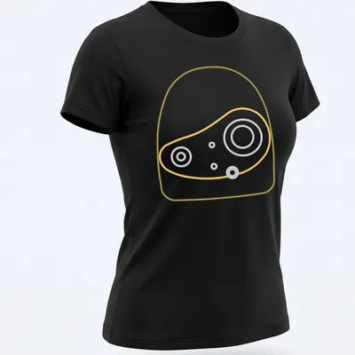 Minimalist line-art design of a robot head outlined in white and gold. — printed on a women's shirt