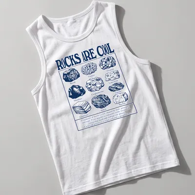 Vintage Earth Science T-shirt with rocks listed in bold lettering and educational text — printed on a tank top