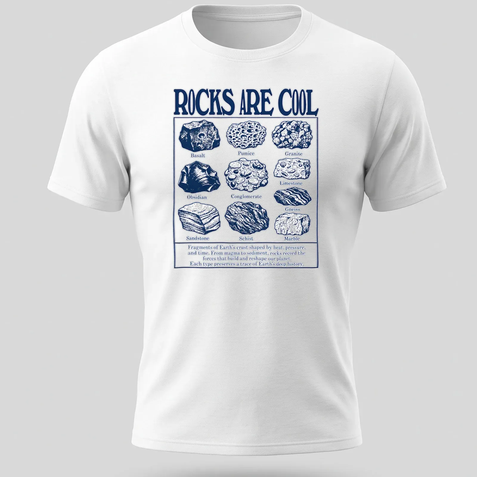 Vintage Earth Science T-shirt with rocks listed in bold lettering and educational text — printed on a unisex t-shirt