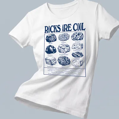 Vintage Earth Science T-shirt with rocks listed in bold lettering and educational text — printed on a women's shirt