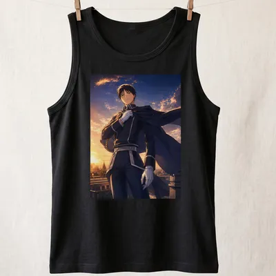 Roy Mustang in silhouette against a vibrant sunset illustration — printed on a tank top