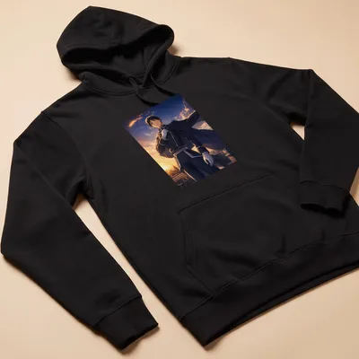 Roy Mustang in silhouette against a vibrant sunset illustration — printed on a unisex hoodie