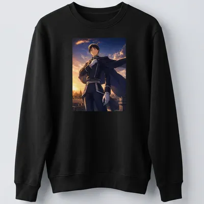 Roy Mustang in silhouette against a vibrant sunset illustration — printed on a unisex sweatshirt
