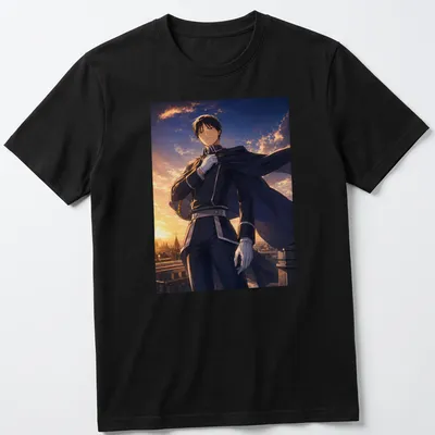 Roy Mustang in silhouette against a vibrant sunset illustration