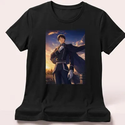 Roy Mustang in silhouette against a vibrant sunset illustration — printed on a women's shirt
