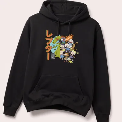 Cartoon print of Rugrats characters with レプタル NICKTOON text in bright colors — printed on a unisex hoodie