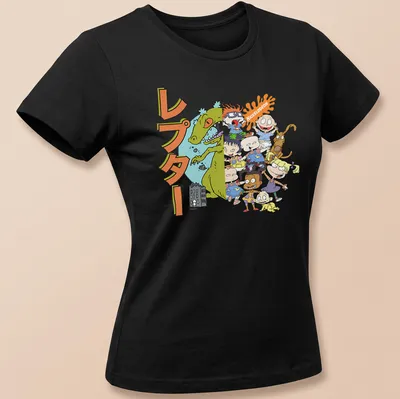 Cartoon print of Rugrats characters with レプタル NICKTOON text in bright colors — printed on a women's shirt
