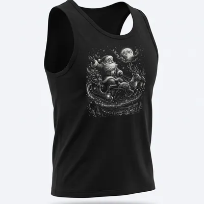 Vintage Santa Claus with reindeer under a moonlit sky, in shades of gray and blue — printed on a tank top
