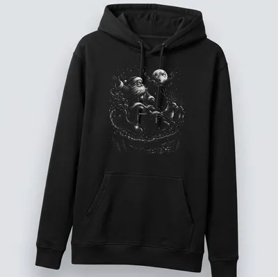 Vintage Santa Claus with reindeer under a moonlit sky, in shades of gray and blue — printed on a unisex hoodie