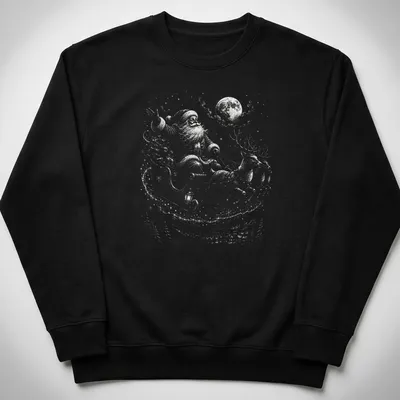 Vintage Santa Claus with reindeer under a moonlit sky, in shades of gray and blue — printed on a unisex sweatshirt