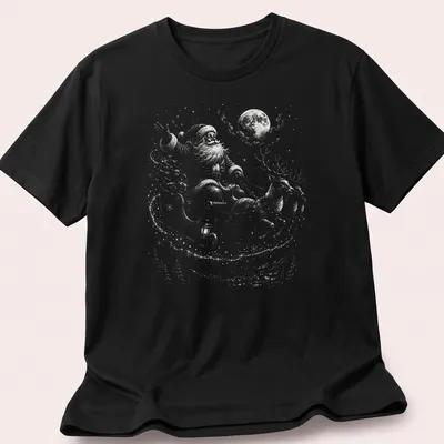 Vintage Santa Claus with reindeer under a moonlit sky, in shades of gray and blue
