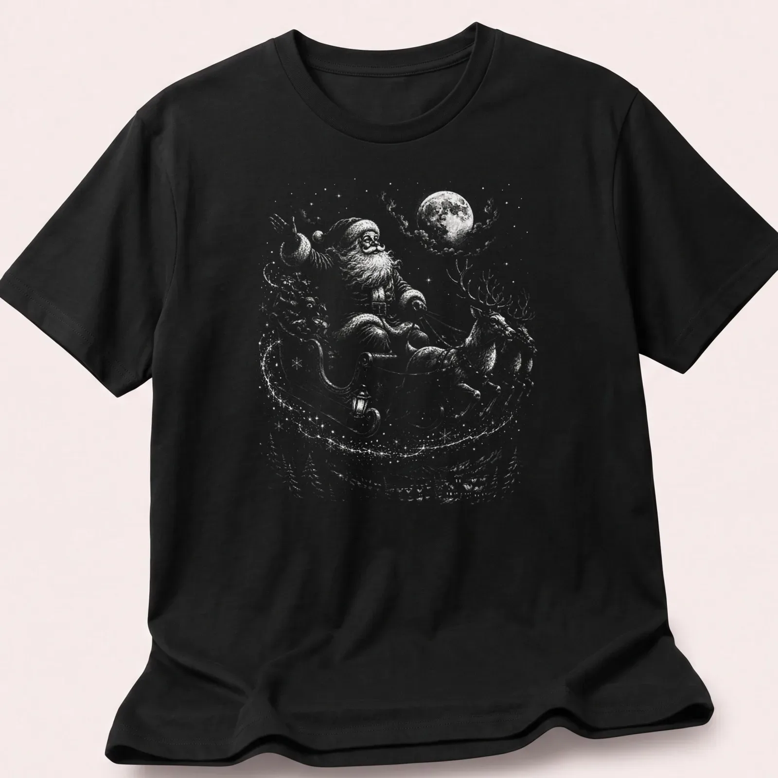 Vintage Santa Claus with reindeer under a moonlit sky, in shades of gray and blue — printed on a unisex t-shirt