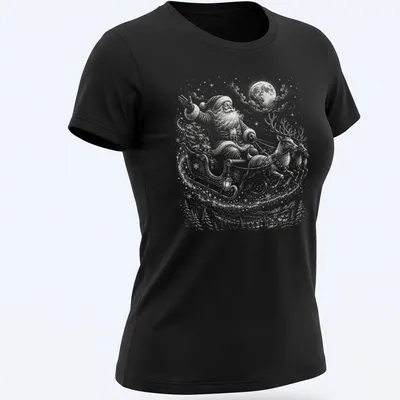 Vintage Santa Claus with reindeer under a moonlit sky, in shades of gray and blue — printed on a women's shirt
