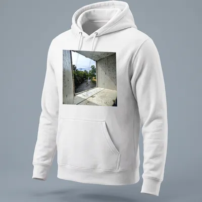 Photographic print of a scenic view through a window frame featuring nature — printed on a unisex hoodie