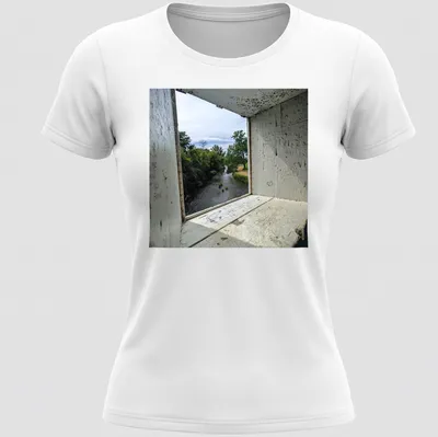 Photographic print of a scenic view through a window frame featuring nature — printed on a women's shirt