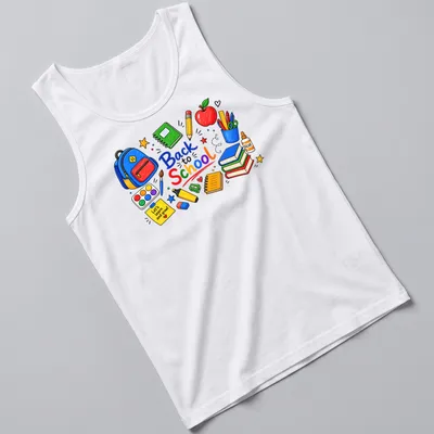 Colorful hand-drawn shirt with school supplies and text about learning — printed on a tank top