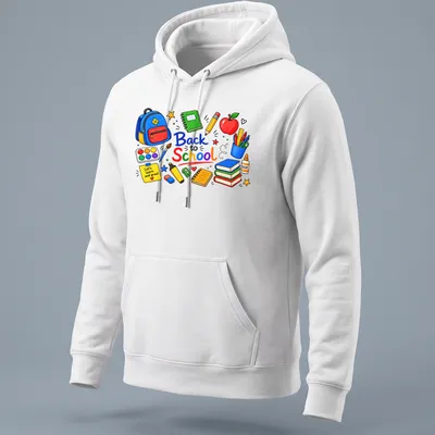 Colorful hand-drawn shirt with school supplies and text about learning — printed on a unisex hoodie
