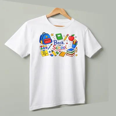 Colorful hand-drawn shirt with school supplies and text about learning — printed on a unisex t-shirt (angled view)