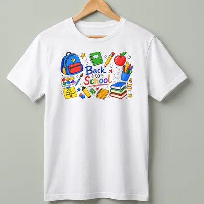 Colorful hand-drawn shirt with school supplies and text about learning