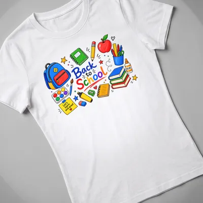 Colorful hand-drawn shirt with school supplies and text about learning — printed on a women's shirt