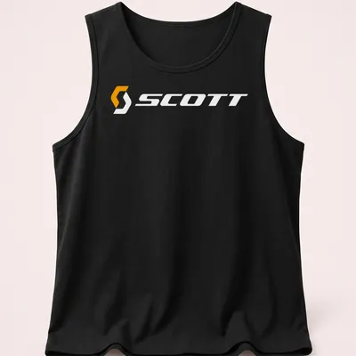Scott bike logo printed in orange and white on a — printed on a tank top