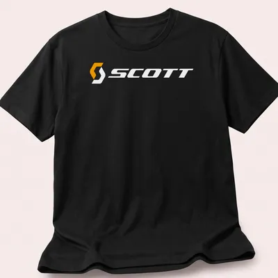 Scott bike logo printed in orange and white on a t-shirt