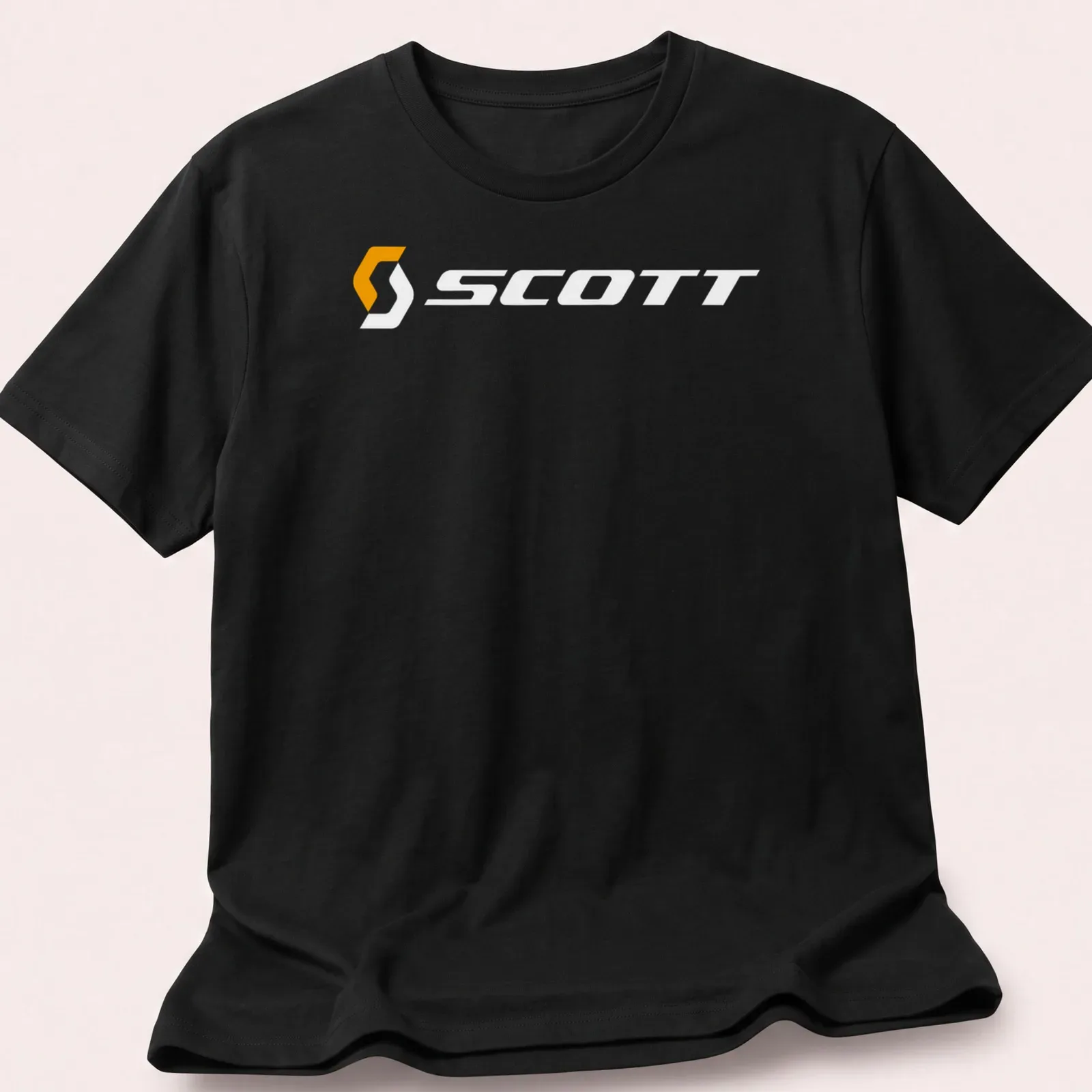 Scott bike logo printed in orange and white on a — printed on a unisex t-shirt