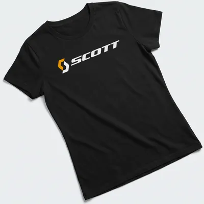 Scott bike logo printed in orange and white on a — printed on a women's shirt