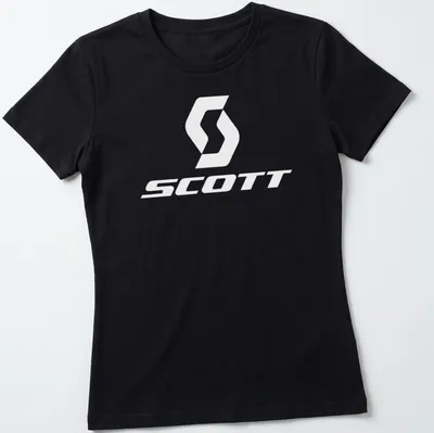 Minimalist Scott logo t-shirt in bold white typography — printed on a women's shirt