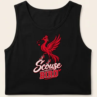 Bold graphic Scouse Bird t-shirt with red, black, and white colors — printed on a tank top