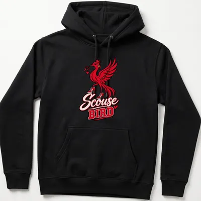 Bold graphic Scouse Bird t-shirt with red, black, and white colors — printed on a unisex hoodie
