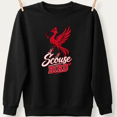 Bold graphic Scouse Bird t-shirt with red, black, and white colors — printed on a unisex sweatshirt