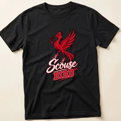 Bold graphic Scouse Bird t-shirt with red, black, and white colors
