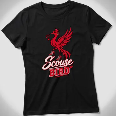 Bold graphic Scouse Bird t-shirt with red, black, and white colors — printed on a women's shirt